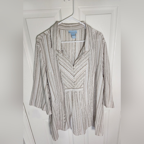 Liz & Me Tops - Liz & Me Sequin Half Button Striped Boho Casual Plus Top 3X